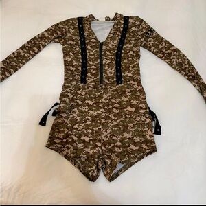 Brown and Green Army Print Bodysuit with V-Neck (Army Costume)